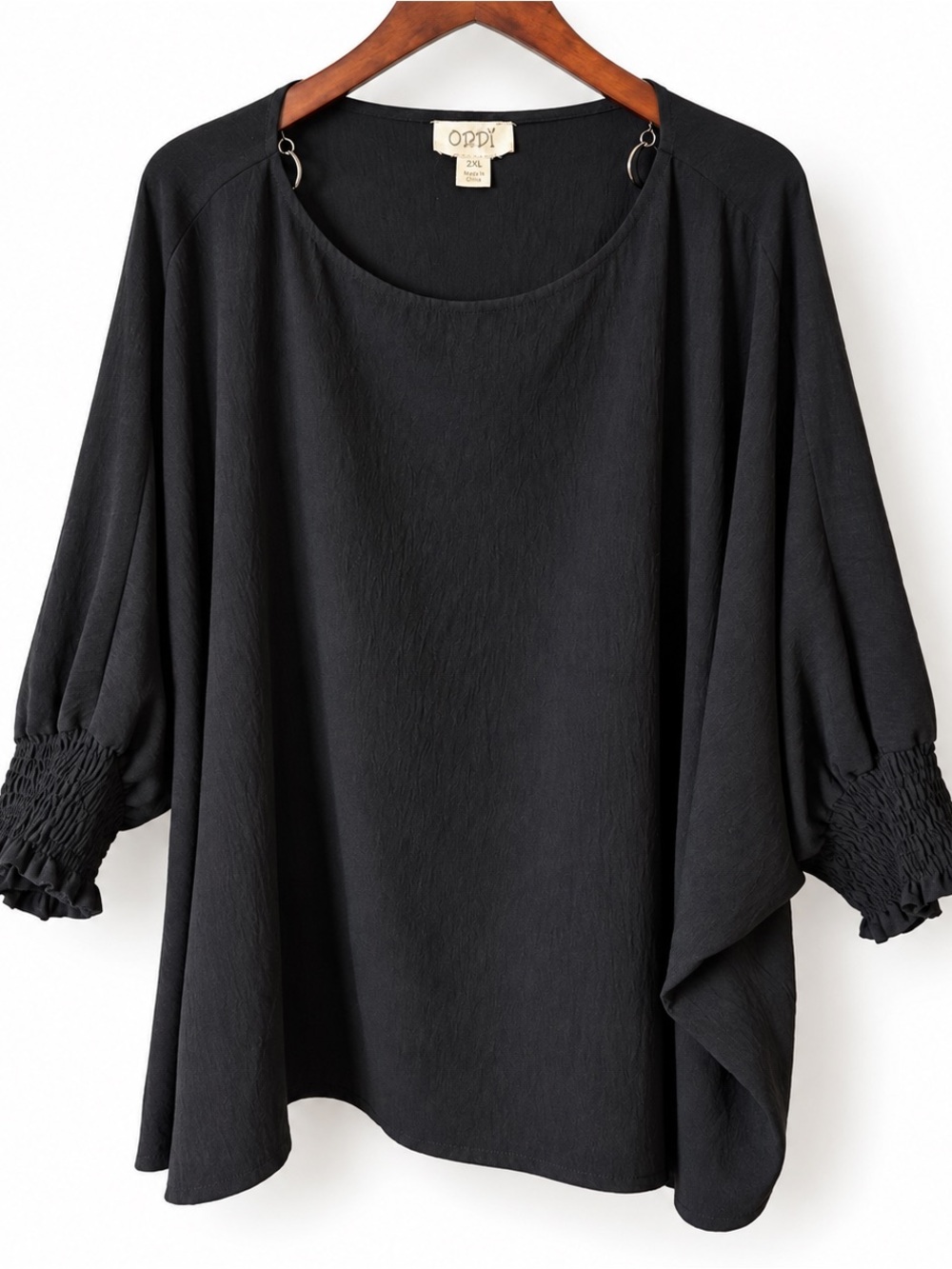 ODDI 2XL Black Flowy Blouse Smocked Ruffle Sleeve Plus Size